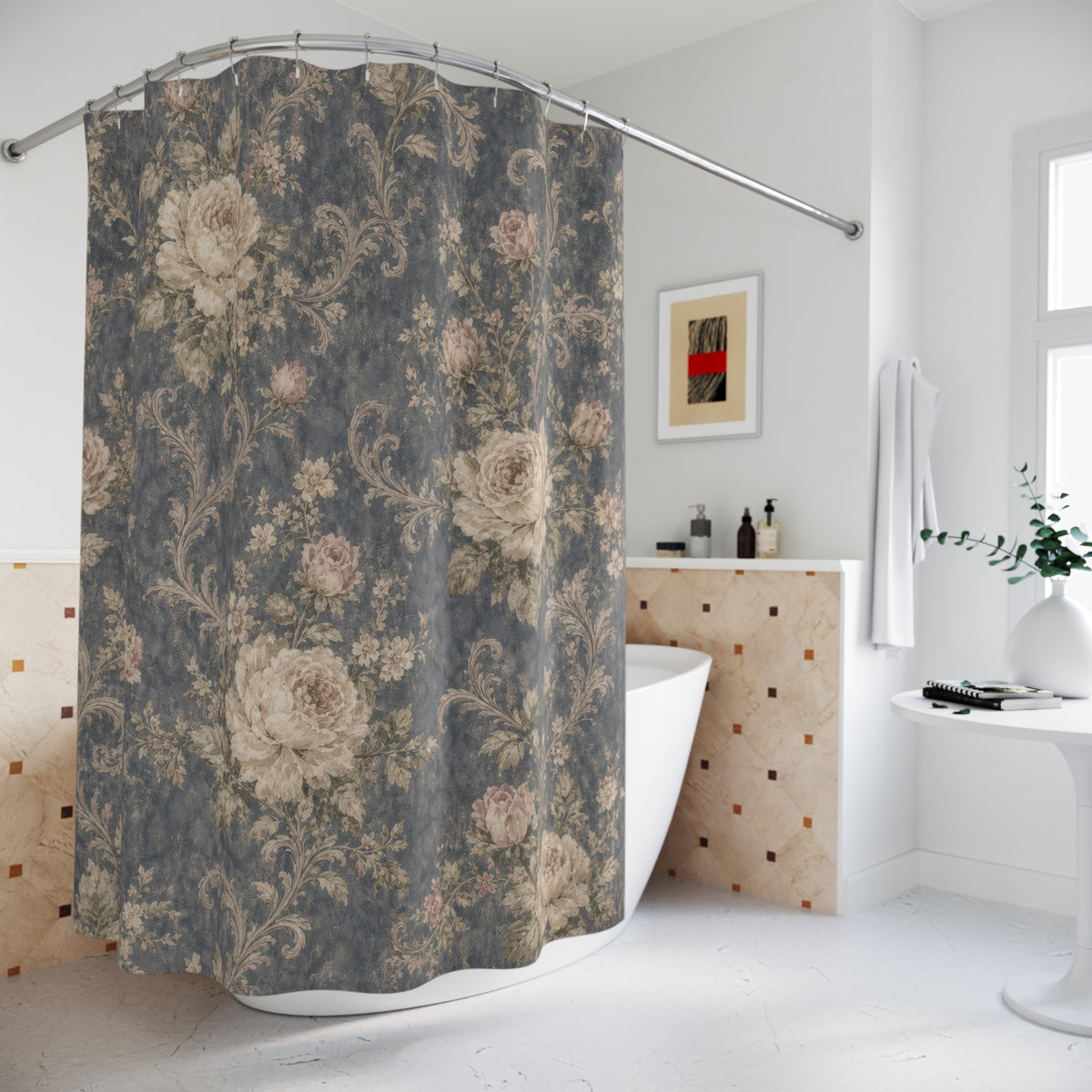 Slate Blue Vintage Rose dark shower curtain beside a freestanding tub