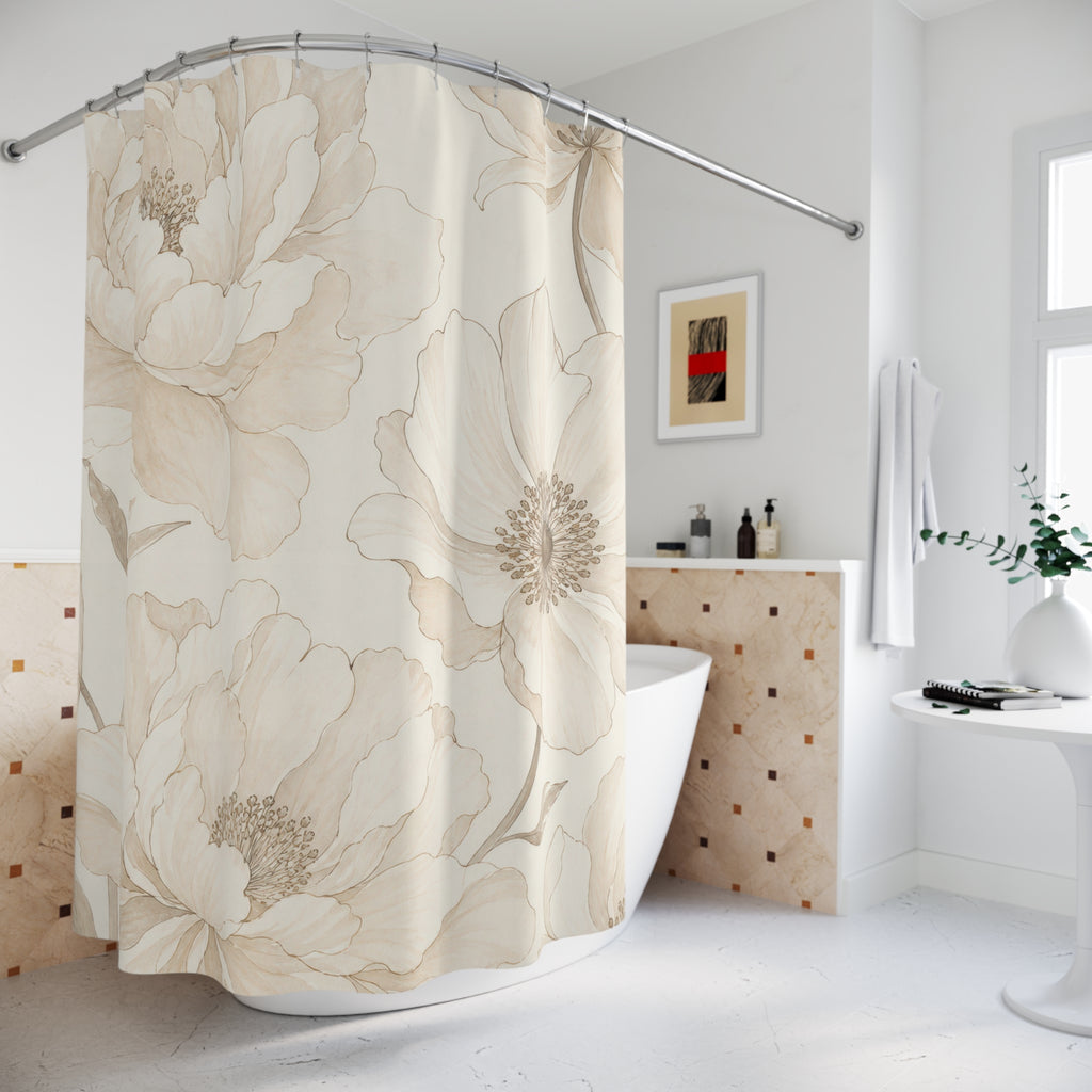 Cream Beige Line Flower Shower Curtain