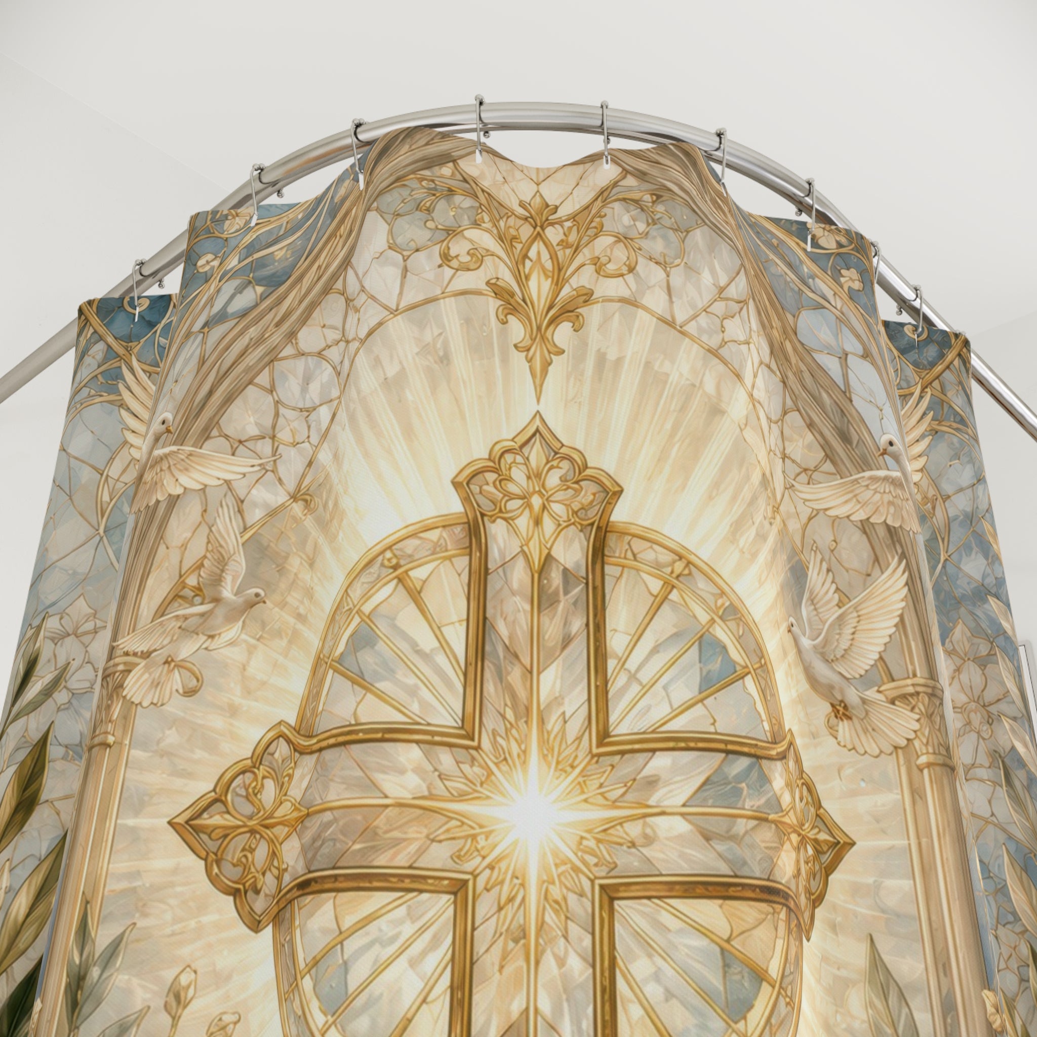 Christian Shower Curtain: White Gold Cross