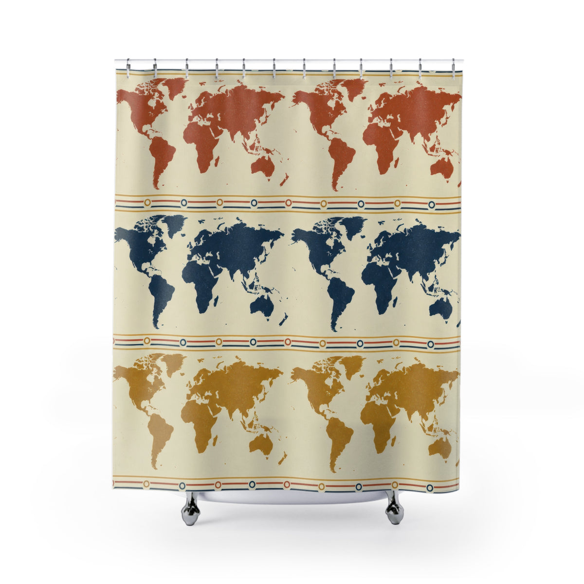 Rust, navy and mustard world maps in repeating rows shower curtain with full front view