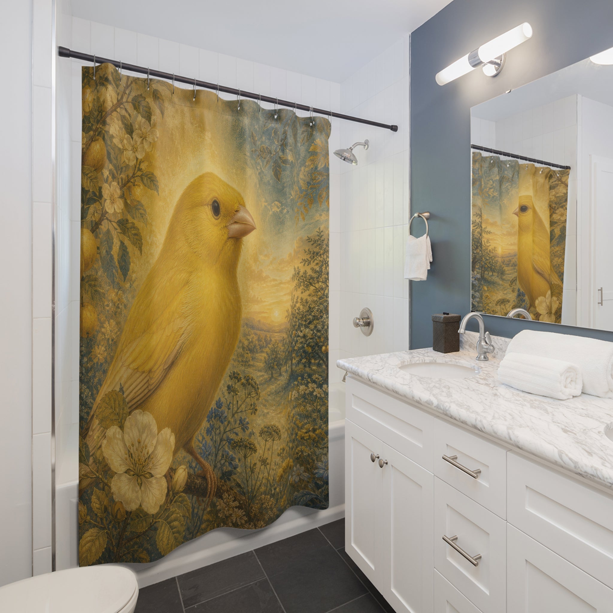 Oversized golden canary in a dusky blue orchard shower curtain beside a white vanity
