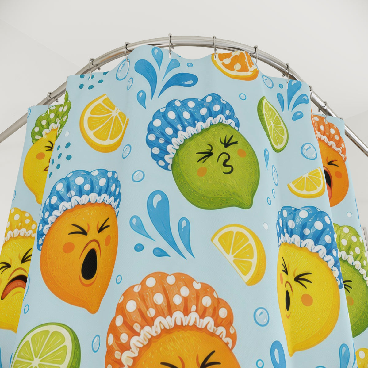 Citrus Face Splash funny pattern shower curtain with close-up print, hooks, and folds