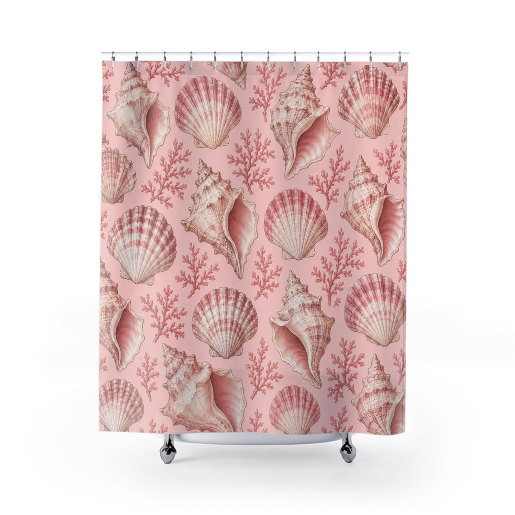 Light pink and ivory seashells with rose coral shower curtain with full front view