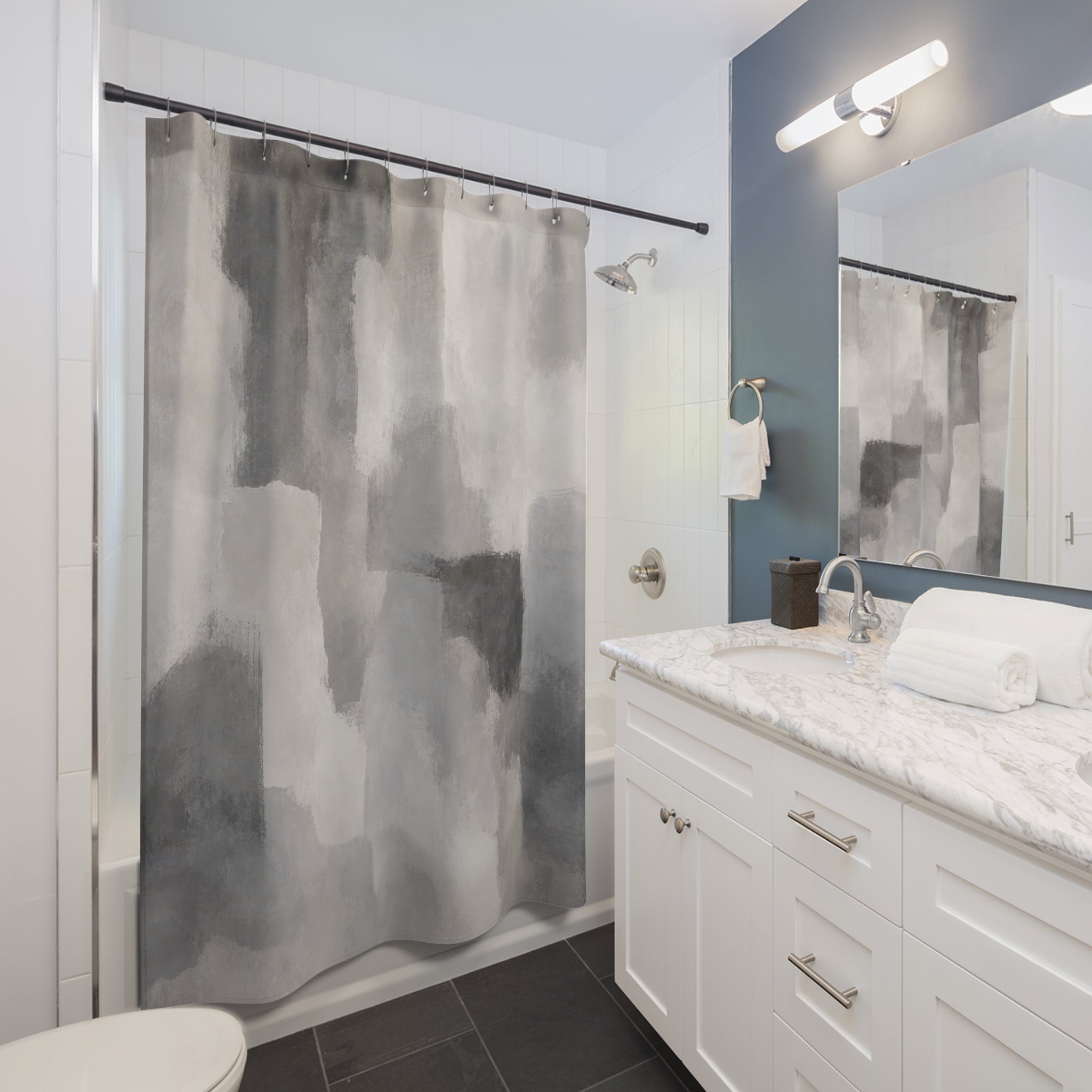 Abstract Shower Curtain, Gray Modern Bath Decor, Painterly Block Pattern, Charcoal White Guest Bathroom Decor, Modern Neutral Style
