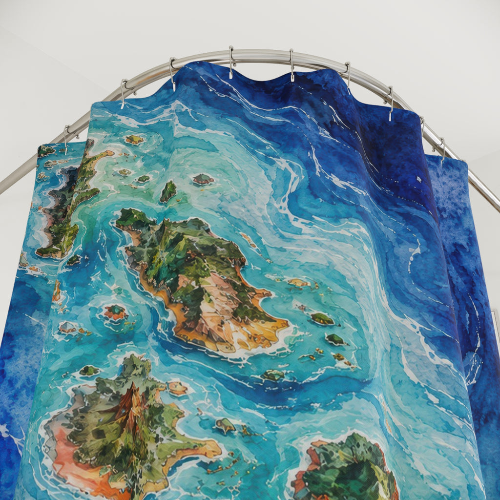 Blue archipelago watercolor map shower curtain with close-up print, hooks, and folds