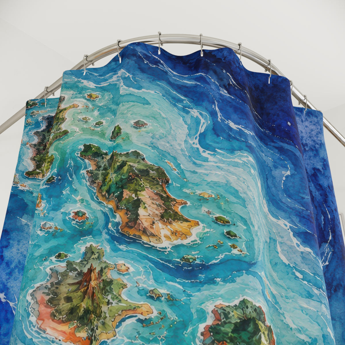 Blue archipelago watercolor map shower curtain with close-up print, hooks, and folds