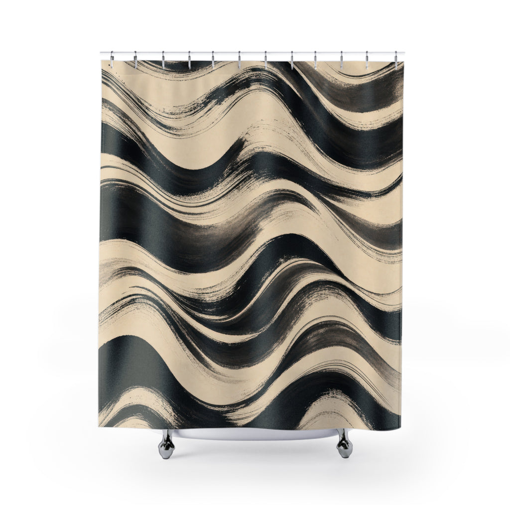 Black Cream Wavy Brush Stripe Shower Curtain