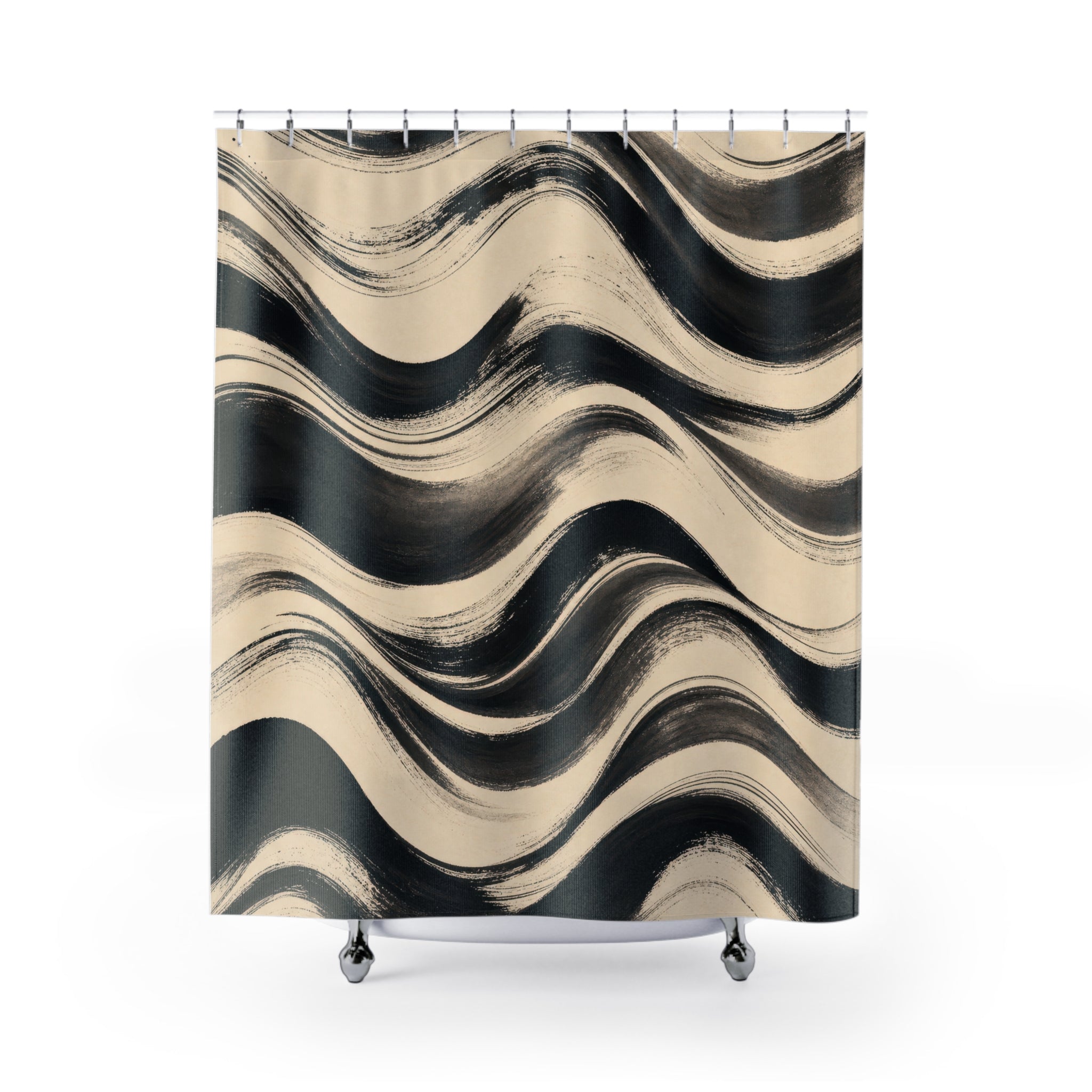 Black Cream Wavy Brush Stripe Shower Curtain