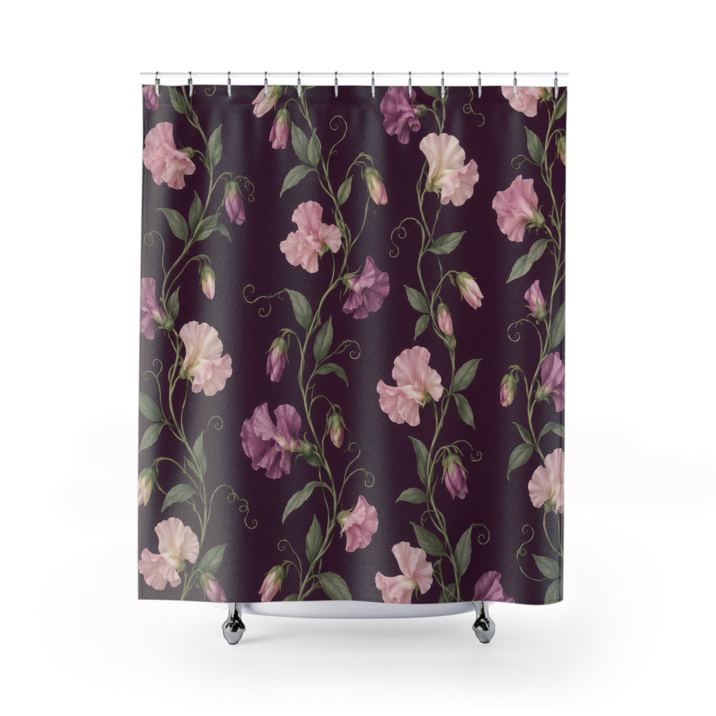 Pink sweet pea vines on plum with sage leaves shower curtain with full front view
