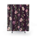Pink sweet pea vines on plum with sage leaves shower curtain with full front view