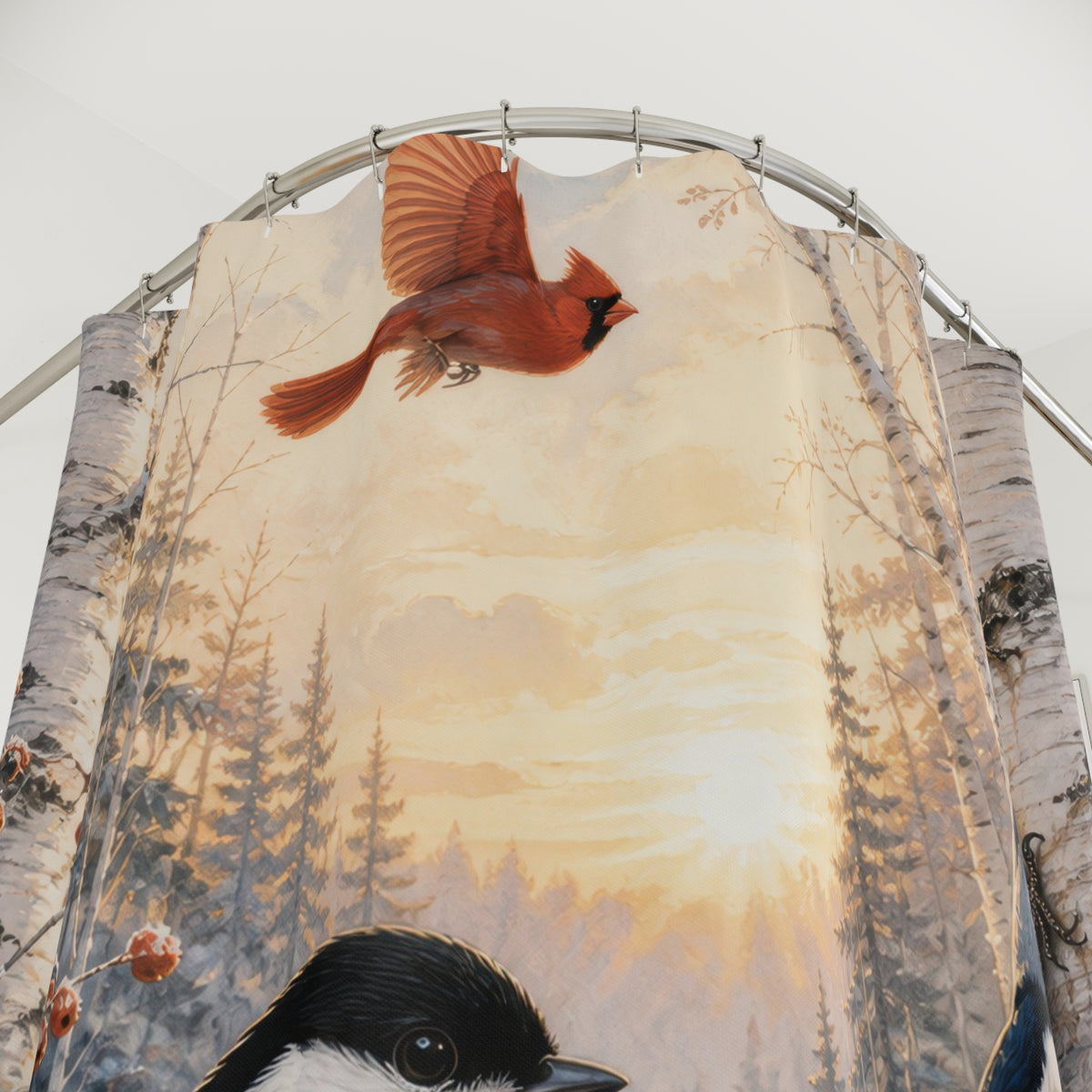Chickadee cardinal and nuthatch in snowy birches shower curtain with close-up print, hooks, and folds
