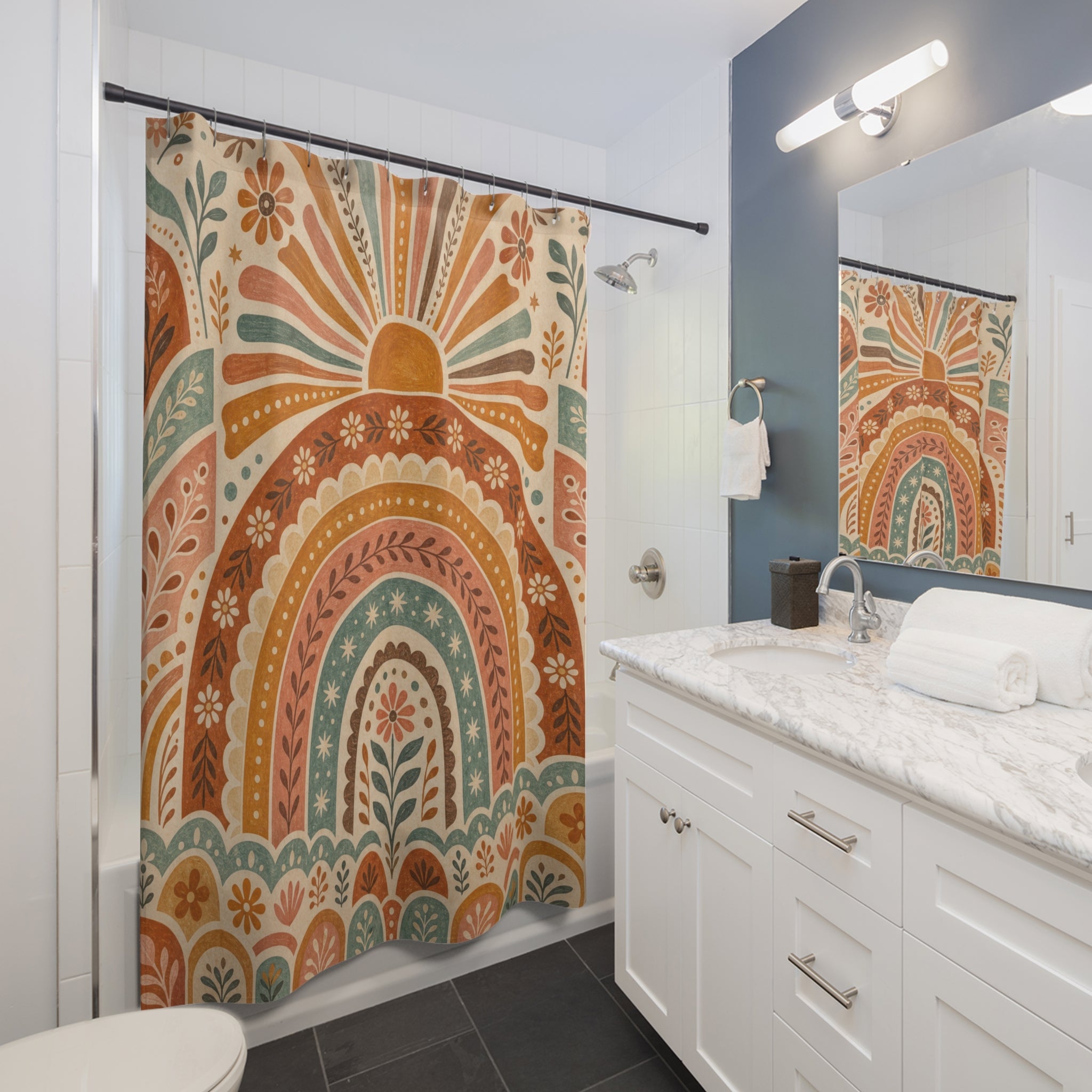 Retro Rainbow Boho Shower Curtain