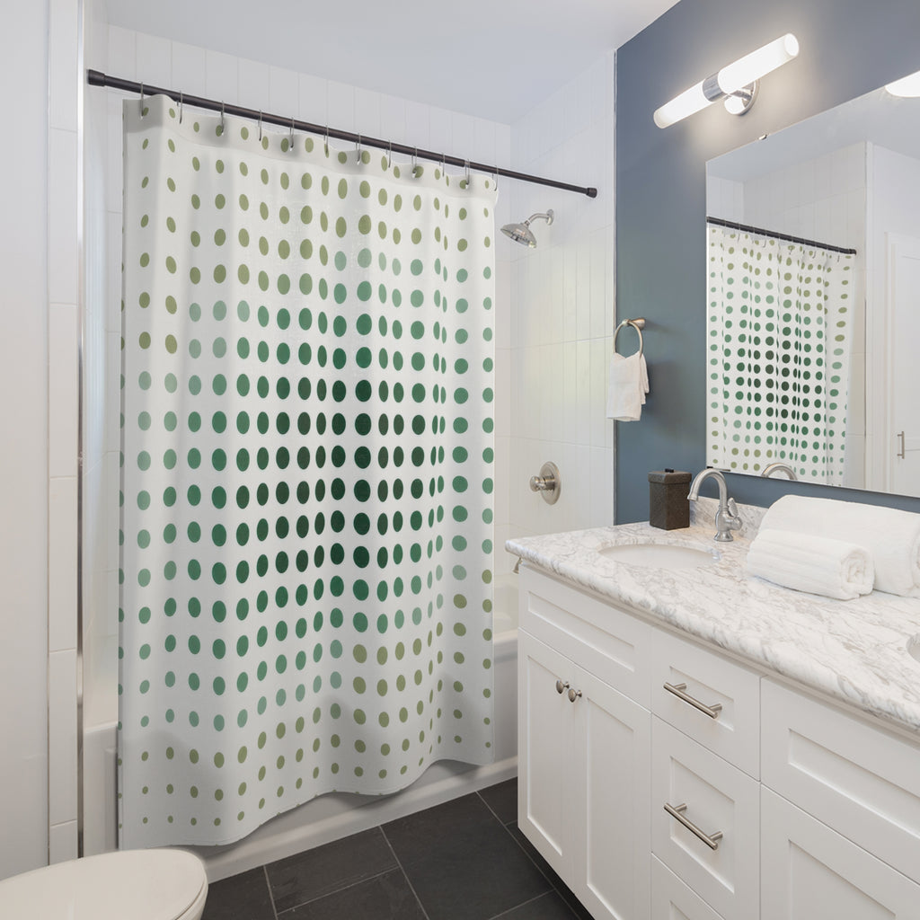 Green White Shower Curtain, Abstract Dot Bath Decor, Sage Halftone Pattern, Modern Guest Bathroom Decor, Minimal Optical Style Decor