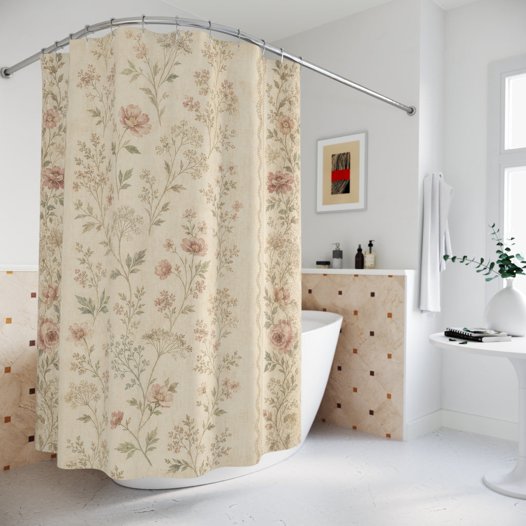 Cream Pink Garden Vintage Floral Shower Curtain