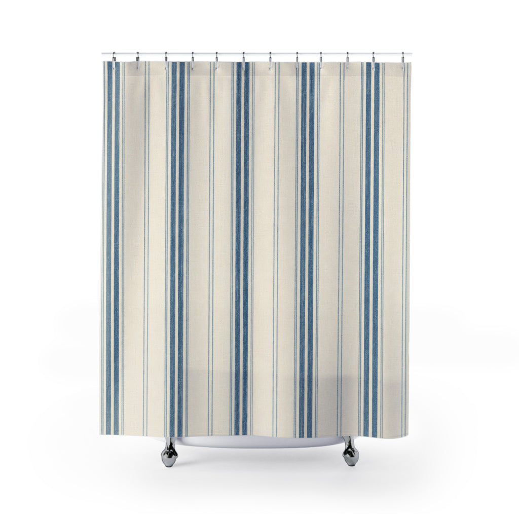 Denim Ticking Stripe Shower Curtain, Denim Blue Farmhouse Bathroom Decor, Cream Stripe Bath Curtain, Guest Bathroom Decor, Small Bath Decor