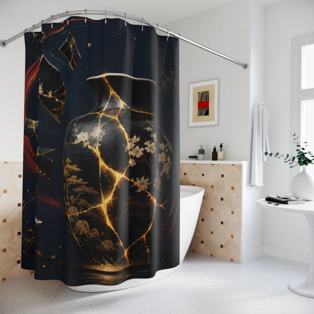 Japanese kintsugi vessel with gold cracks and indigo halo shower curtain beside a freestanding tub