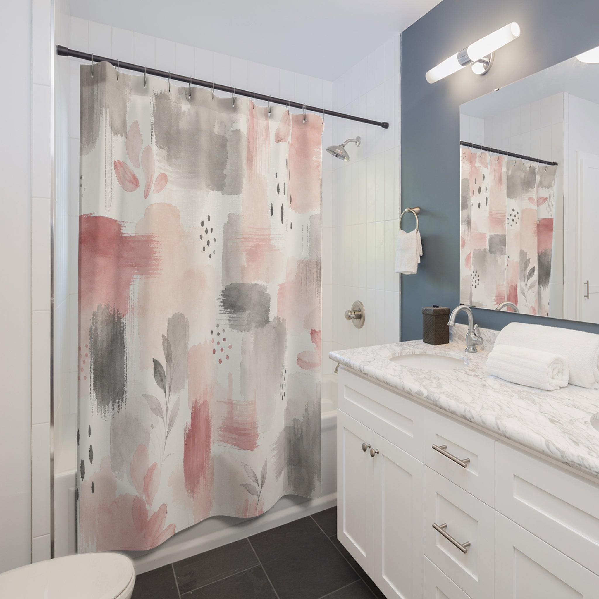 Gray Pink Watercolor Floral Shower Curtain