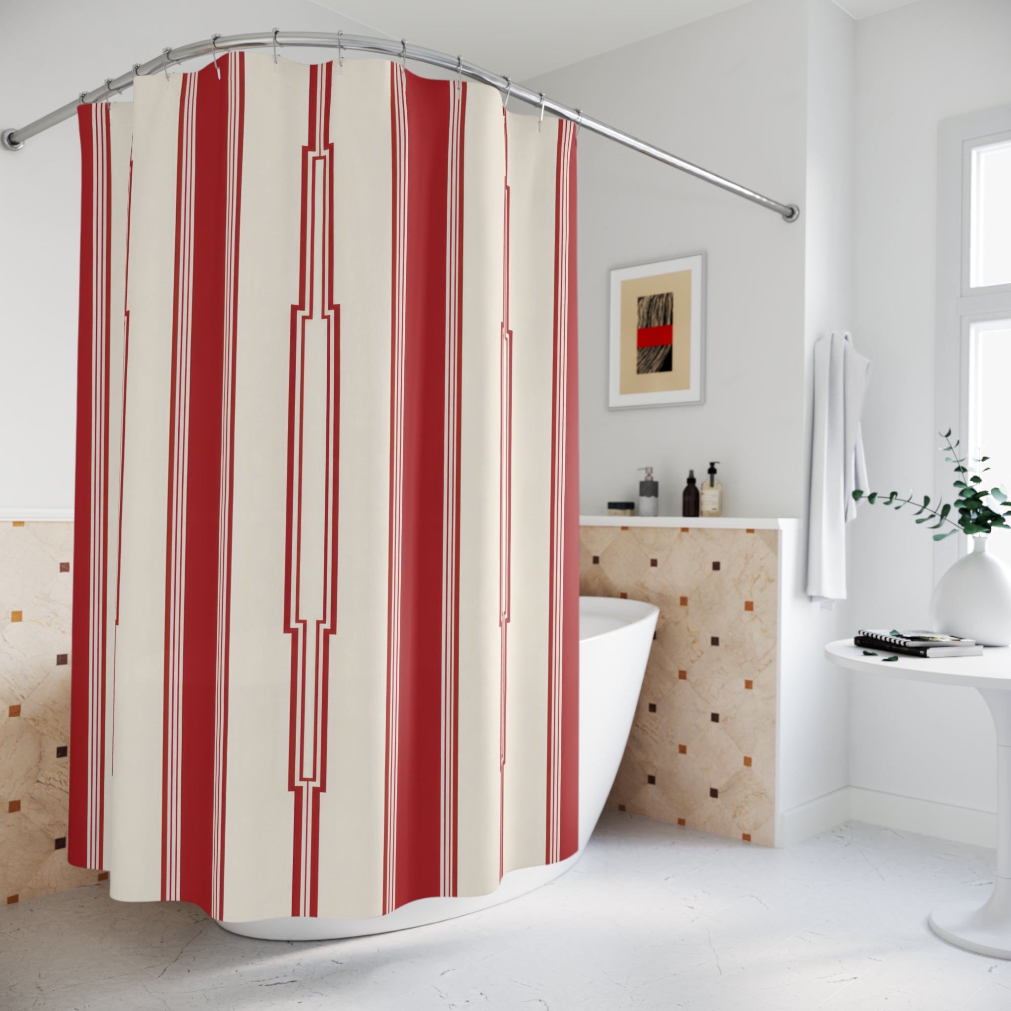Red and White Art Deco Stripe Shower Curtain: Modern Vertical