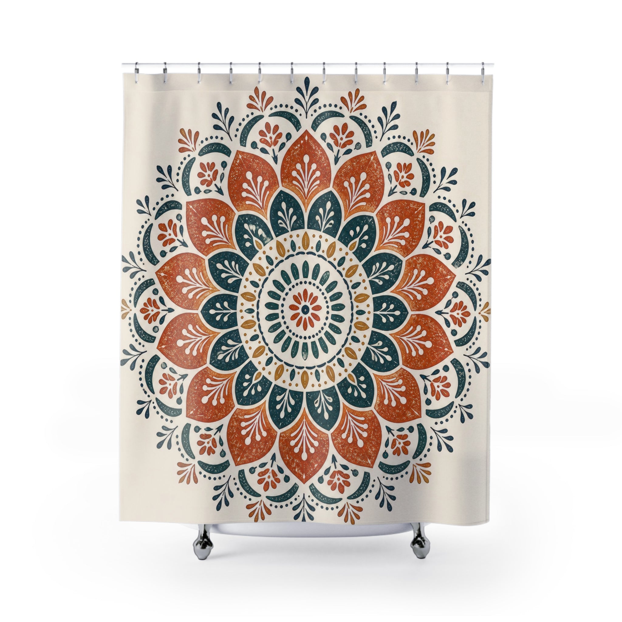 Orange Teal Floral Medallion Shower Curtain