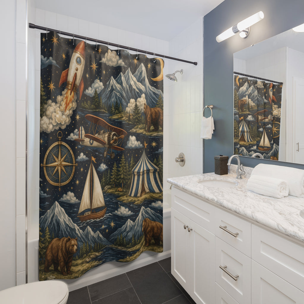 Boys Adventure Night Sky Shower Curtain