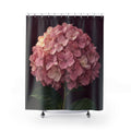 One pink hydrangea bloom with green leaves on aubergine shower curtain with full front view