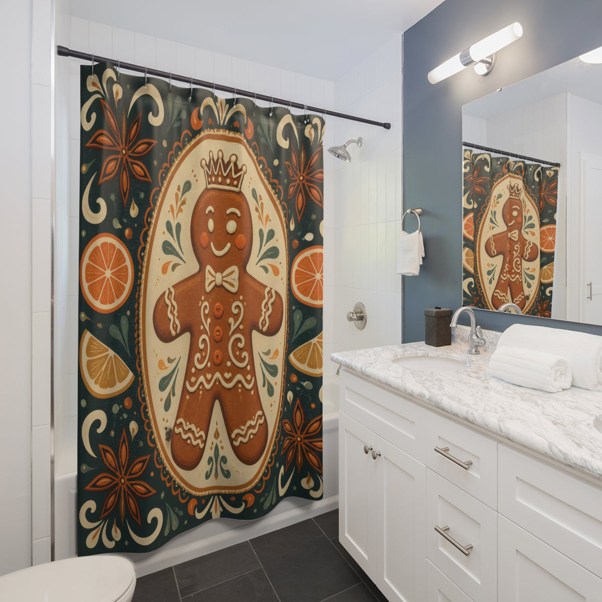 Crowned gingerbread cookie in a folk art medallion shower curtain beside a white vanity