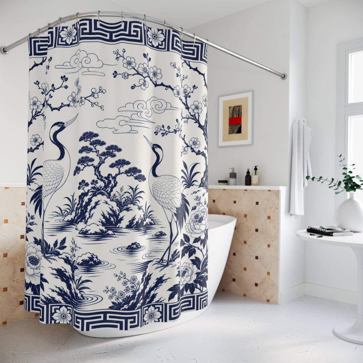 Navy Crane Garden blue white shower curtain beside a freestanding tub