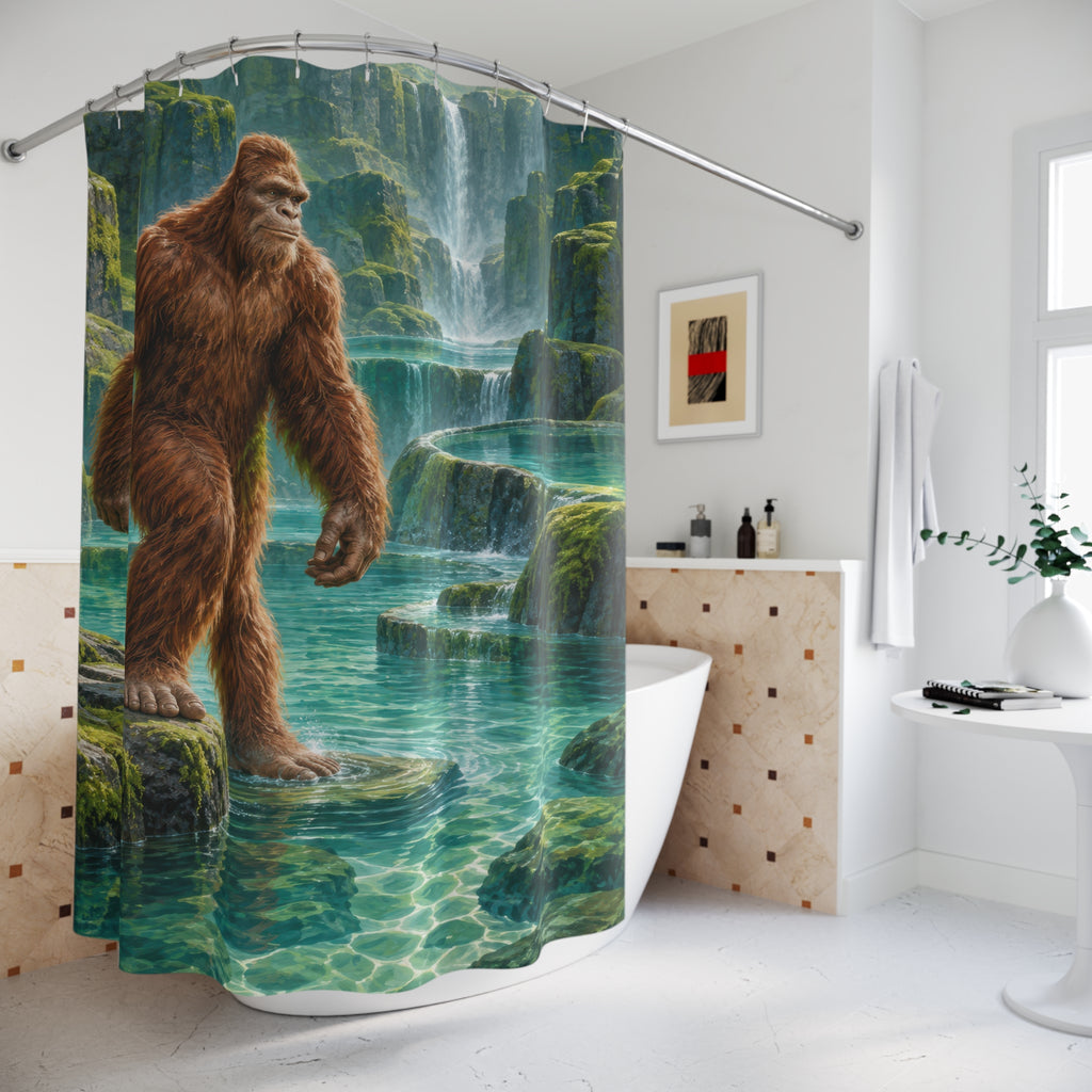 Russet Bigfoot beside teal pools and mossy basalt waterfalls shower curtain beside a freestanding tub
