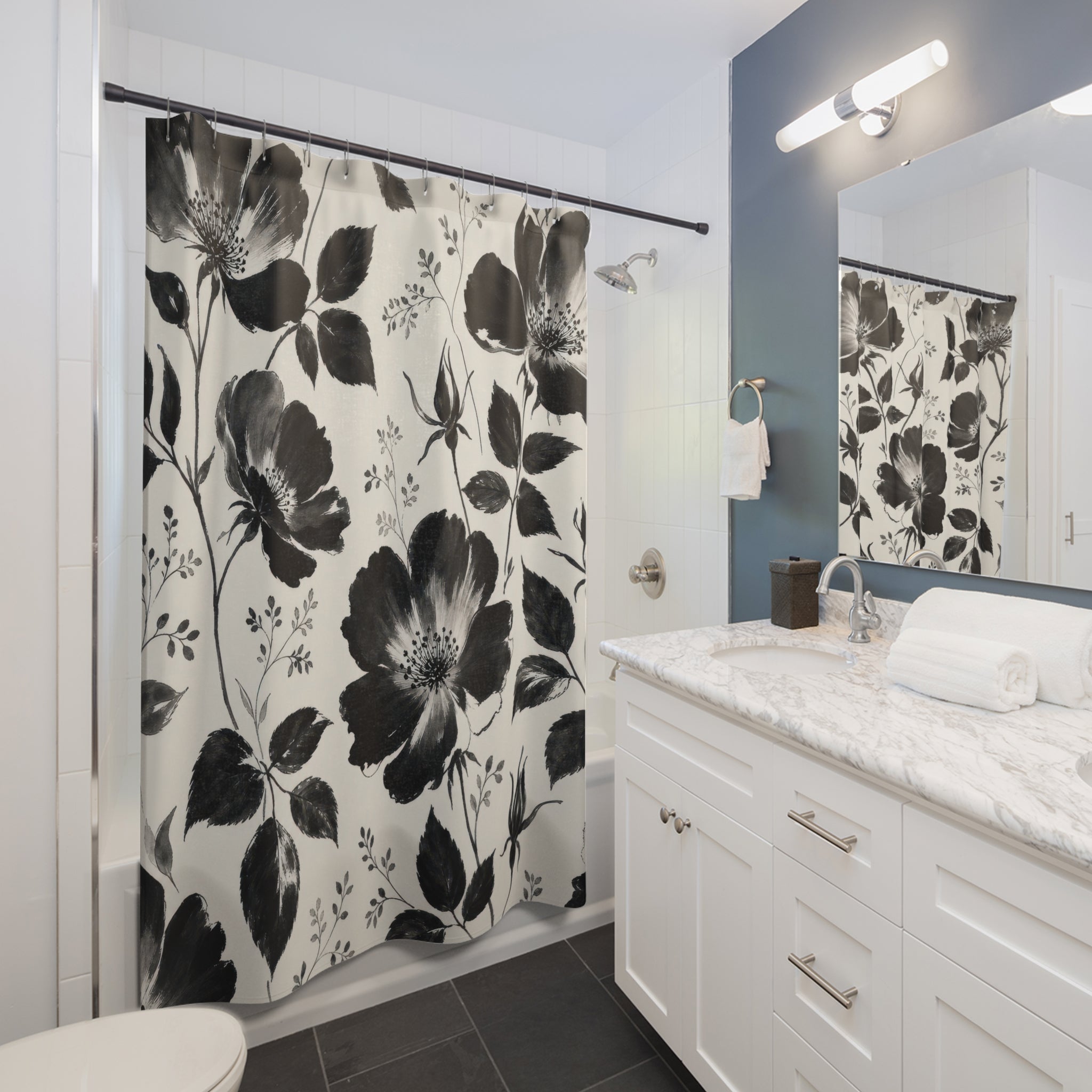 Floral Shower Curtain, Black White Painterly Flower Pattern, Modern Farmhouse Bathroom Decor, Graphic Guest Bath Botanical Style
