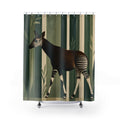 Okapi animal crossing a forest green vertical grove shower curtain with full front view