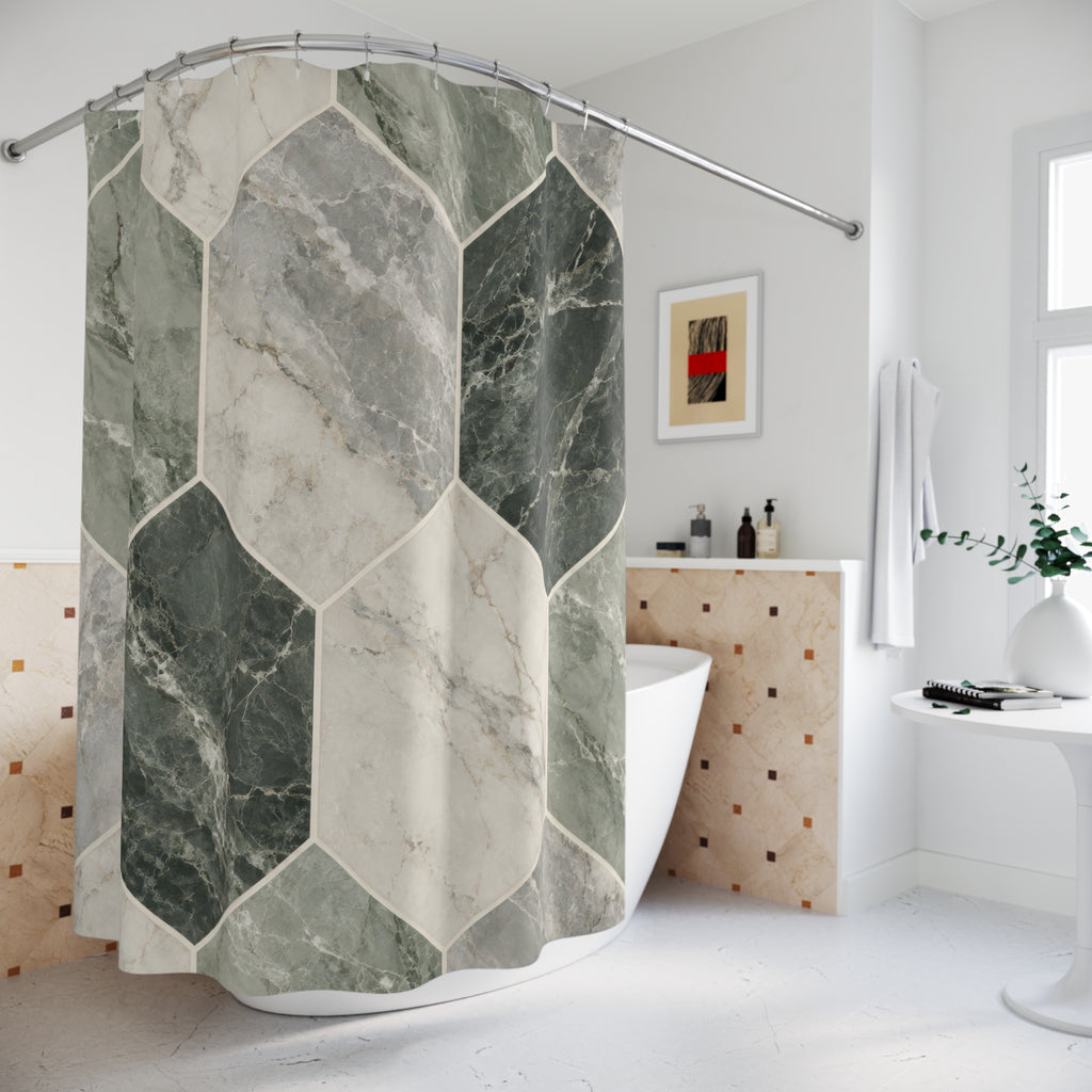 Sage, ivory and gray marble in elongated hexagons shower curtain beside a freestanding tub