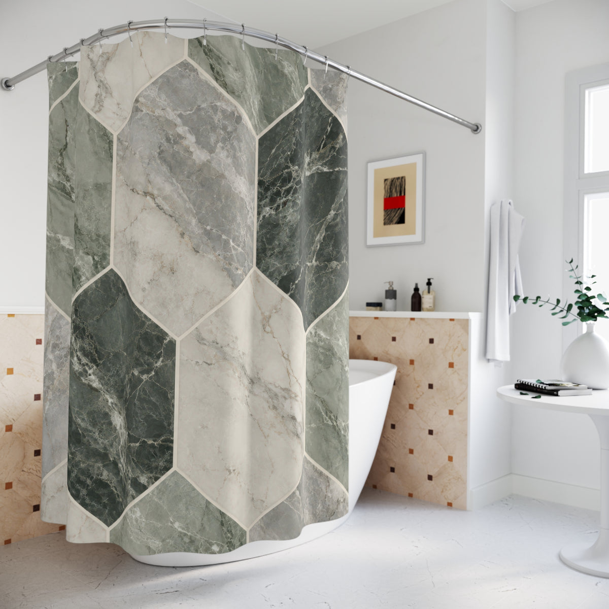 Sage, ivory and gray marble in elongated hexagons shower curtain beside a freestanding tub