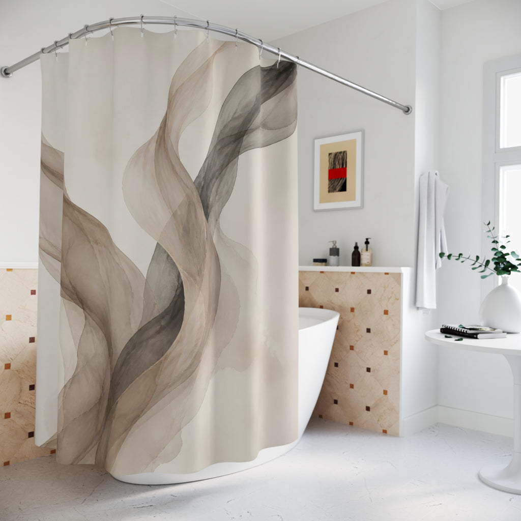 Flowing taupe mushroom and charcoal translucent ribbons shower curtain beside a freestanding tub