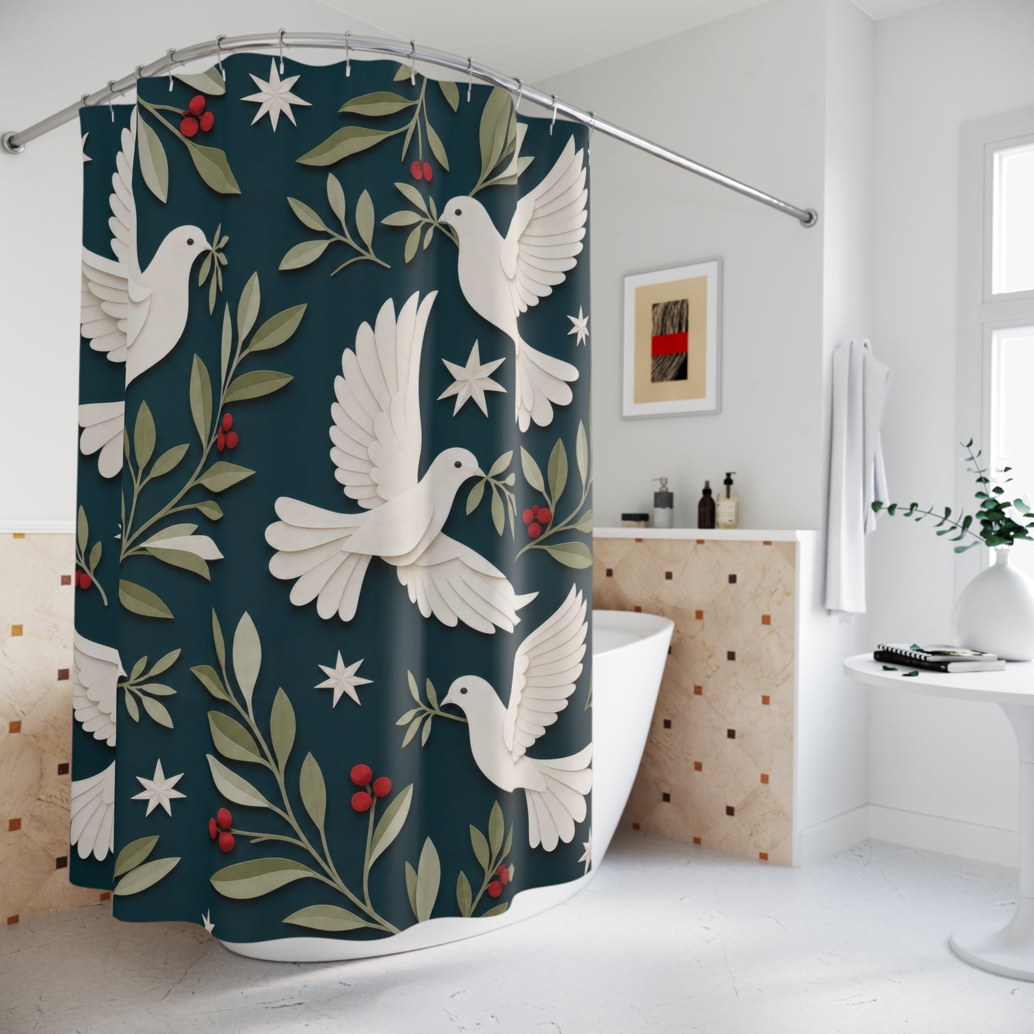Christmas Dove Shower Curtain, Teal White Paper Cut Holiday Pattern, Olive Branch Winter Bathroom Decor, Elegant Festive Guest Bath