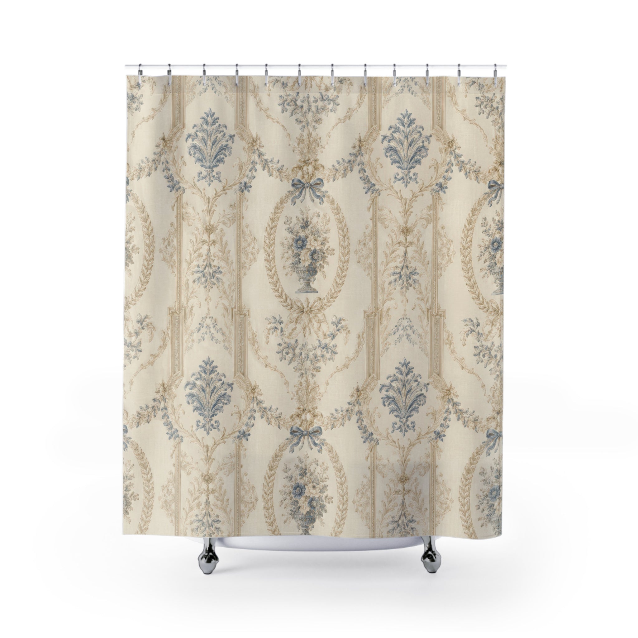 French Country Shower Curtain: Blue Beige Vintage Damask