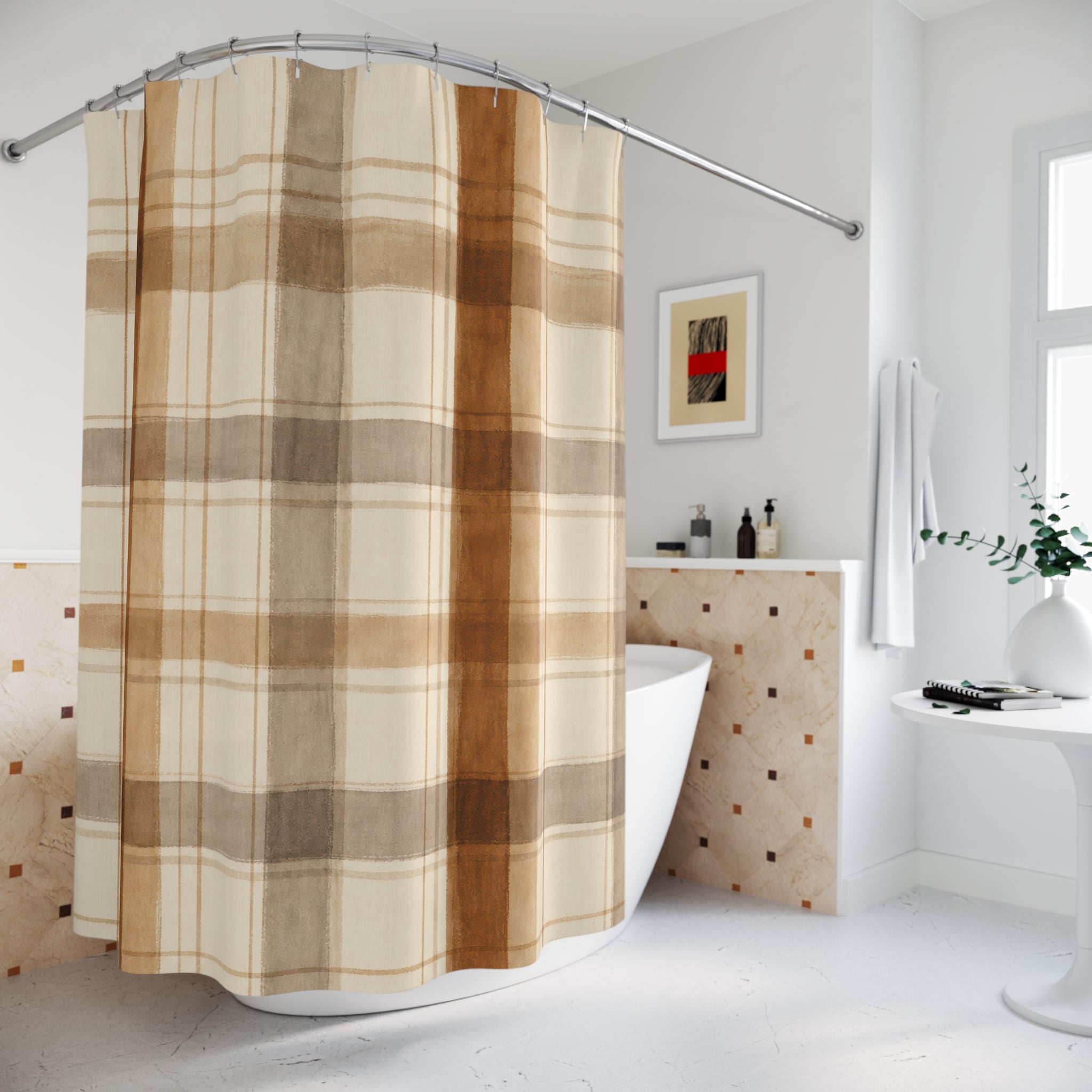 Brown Beige Farmhouse Check Shower Curtain