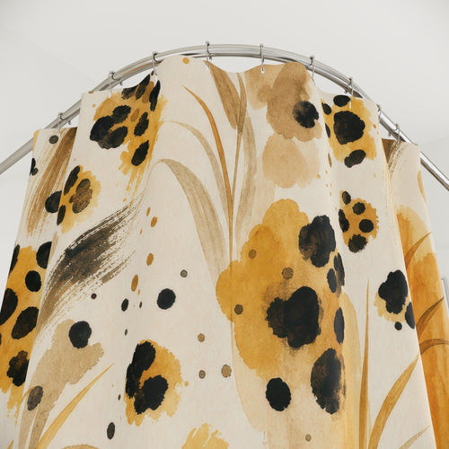 Animal Print Cheetah shower curtain with close-up print, hooks, and folds