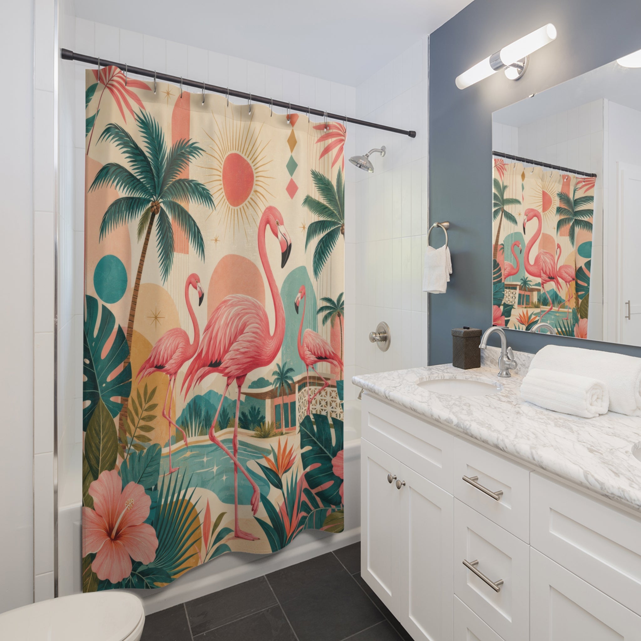 Retro Flamingo Shower Curtain: Pink Tropical Palm