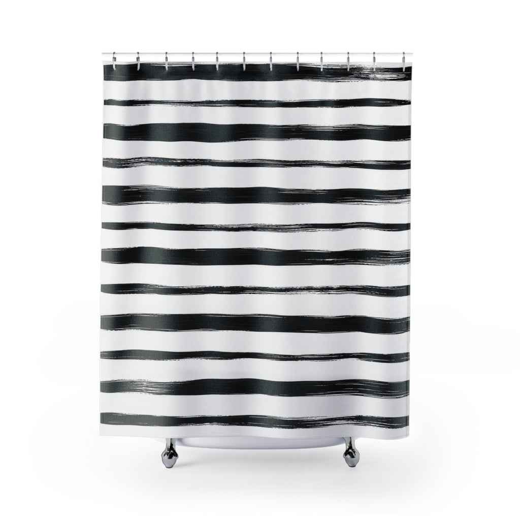 Horizontal black brush stripes with dry ink edges on white shower curtain with full front view