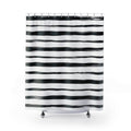 Horizontal black brush stripes with dry ink edges on white shower curtain with full front view