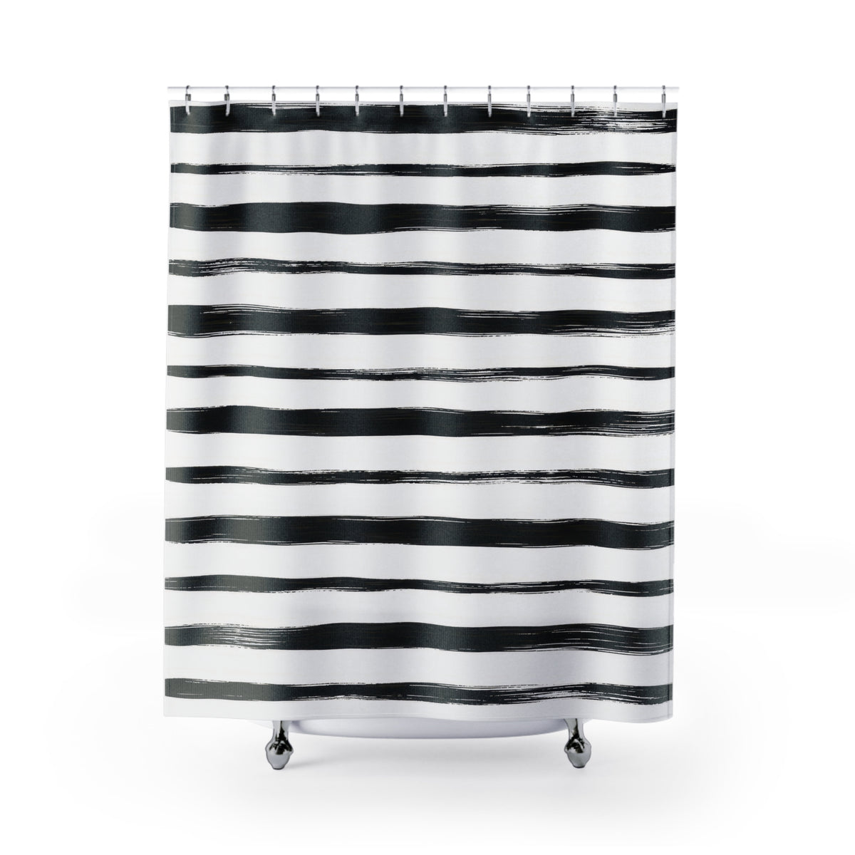 Horizontal black brush stripes with dry ink edges on white shower curtain with full front view
