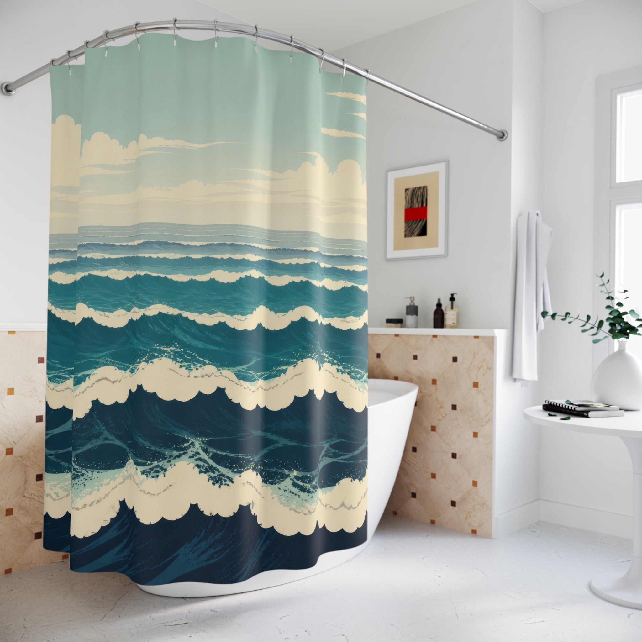 Scalloped teal ocean waves with cream foam shower curtain beside a freestanding tub