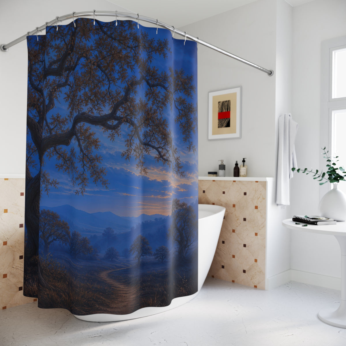 Brown oak tree and woodland path in blue twilight shower curtain beside a freestanding tub