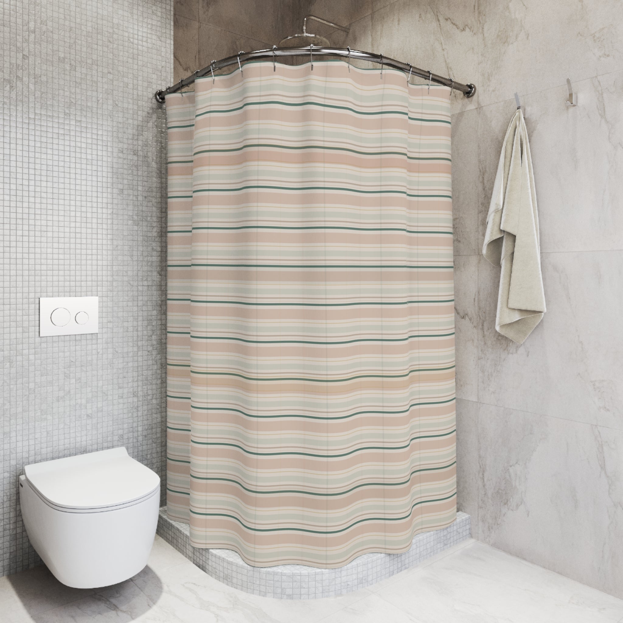 Muted Pastel Striped Shower Curtain — Blush Sage