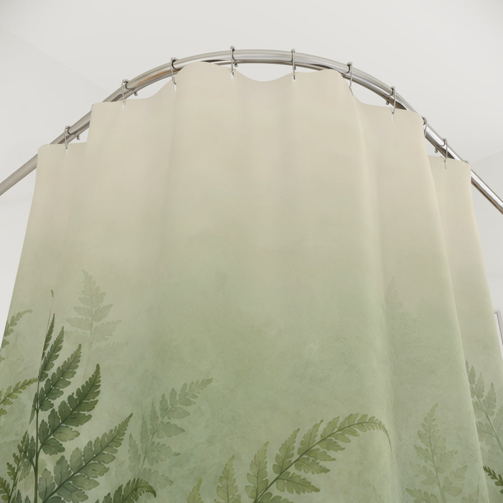 Sage and forest green ferns fading into ivory mist shower curtain with close-up print, hooks, and folds
