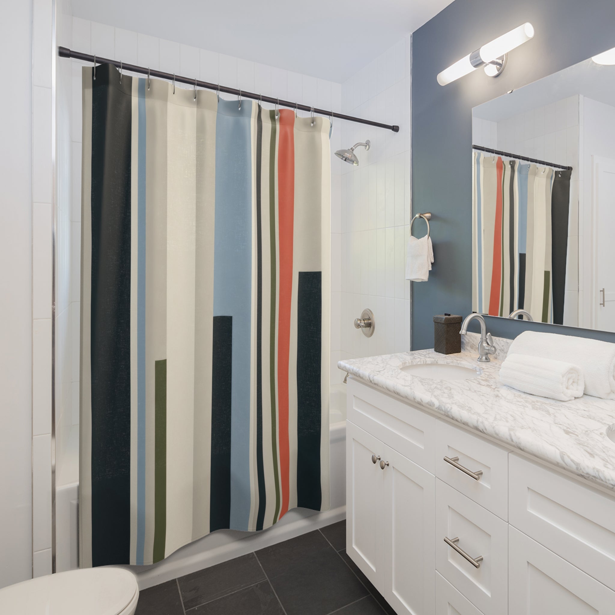 Teal Navy Color Block Stripe Shower Curtain