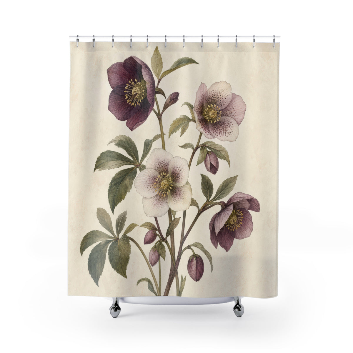 Soft Plum Purple Botanical Floral shower curtain with full front view