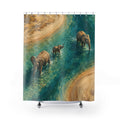 Elephant family in turquoise water shower curtain with full front view