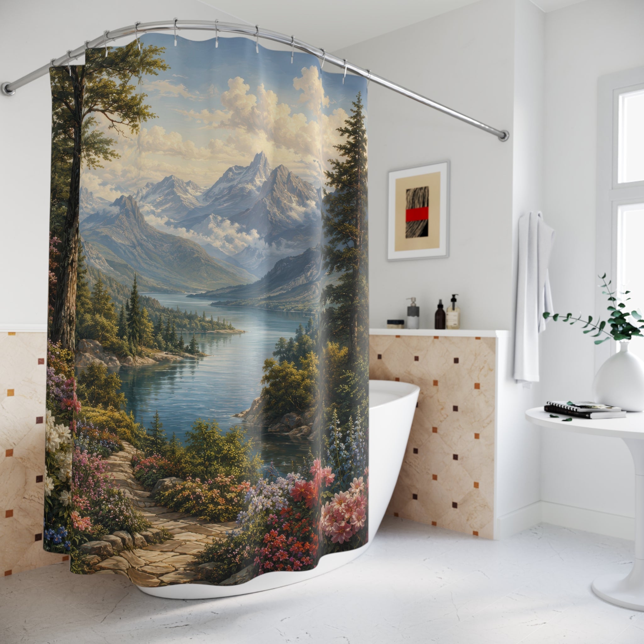 Mountain Lake Shower Curtain: Scenic Garden