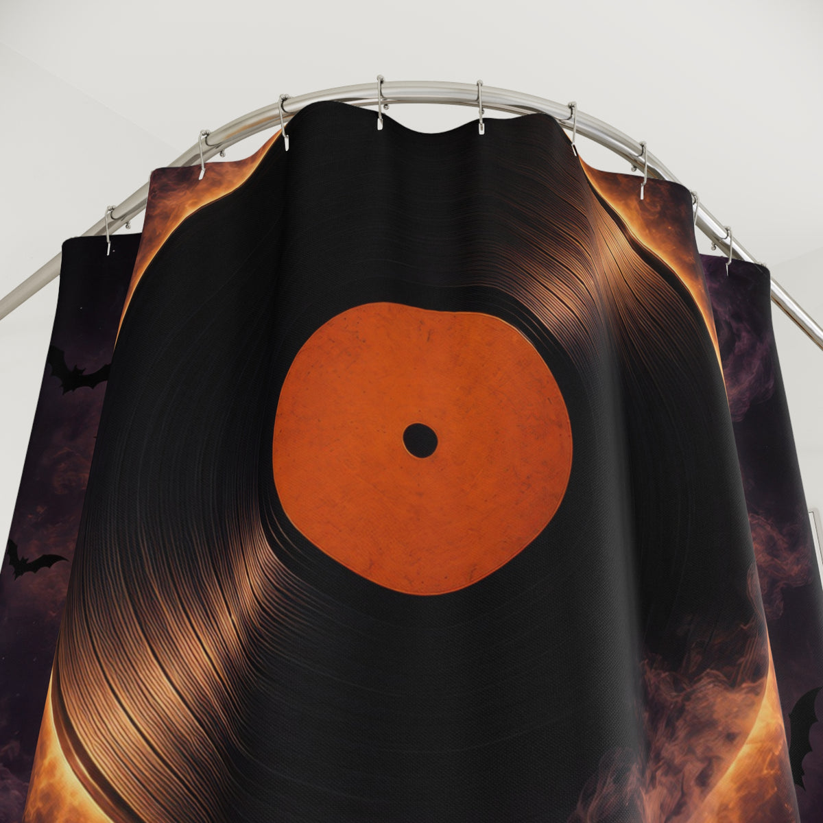 Vinyl record eclipse over a purple forest lake with bats shower curtain with close-up print, hooks, and folds